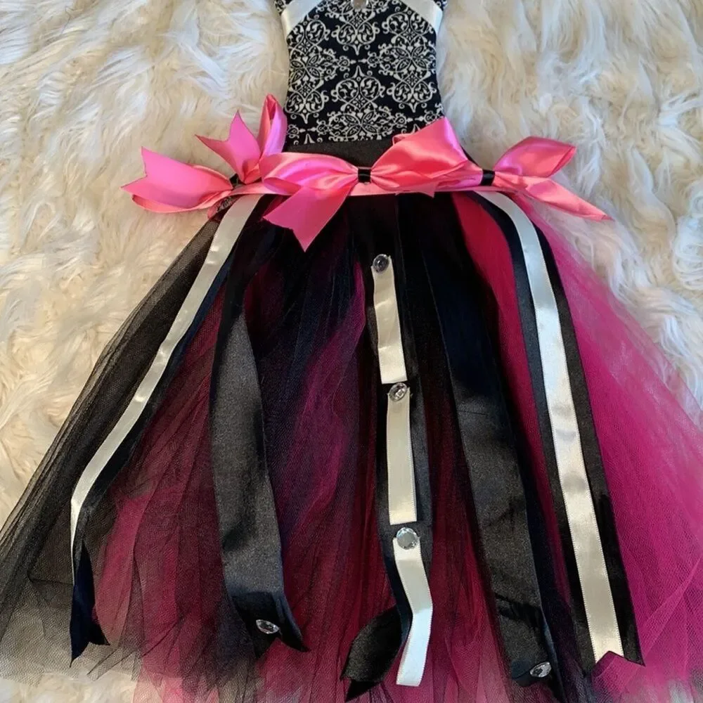 Girls Damask Dress Bow Holder with Tulle Tutu Red and Pink